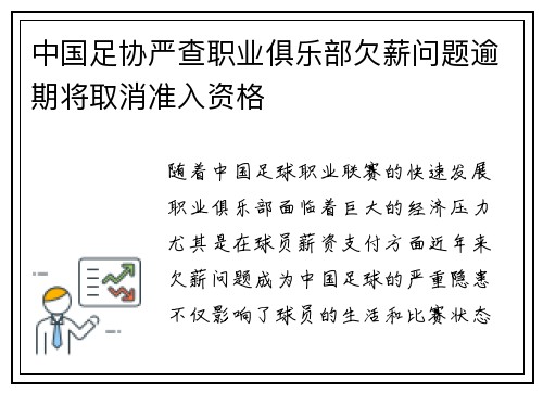 中国足协严查职业俱乐部欠薪问题逾期将取消准入资格